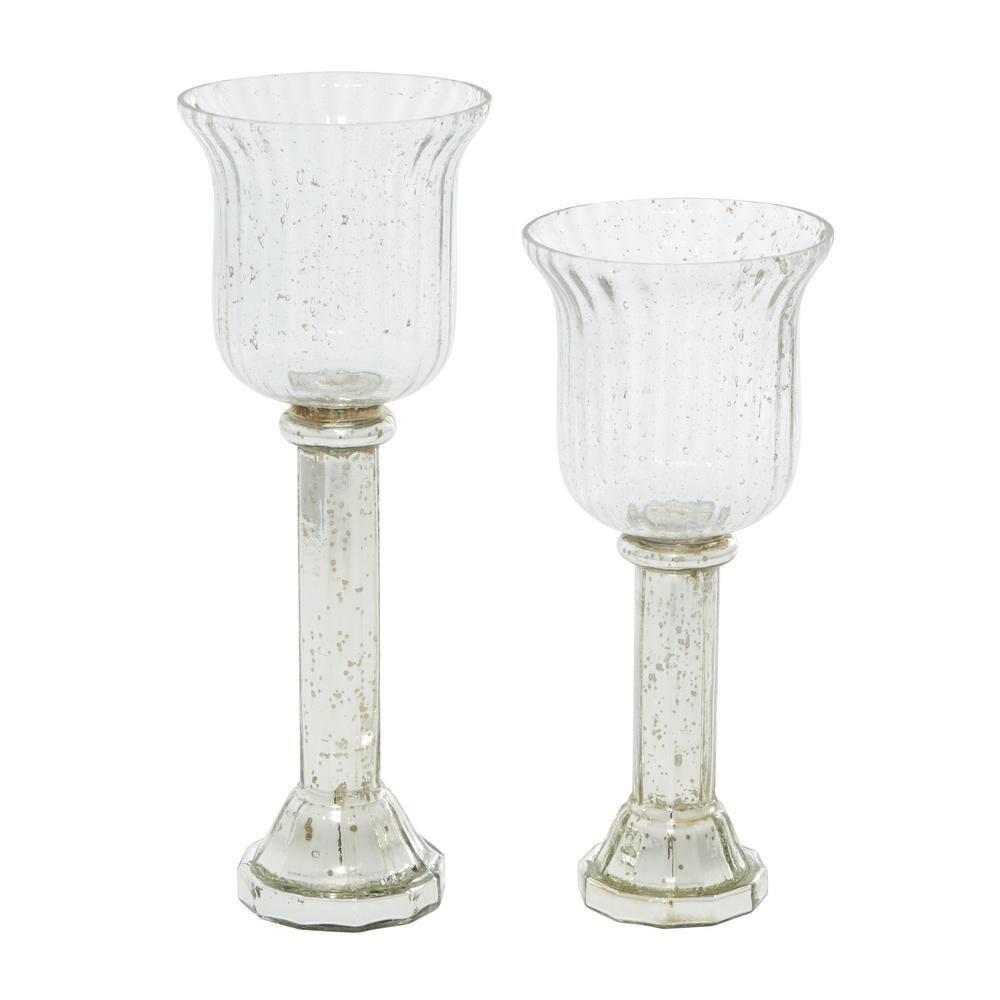 DecMode 2-Slot Silver Glass Pillar Hurricane Lamp with Faux Mercury Glass Finish, Set of 2