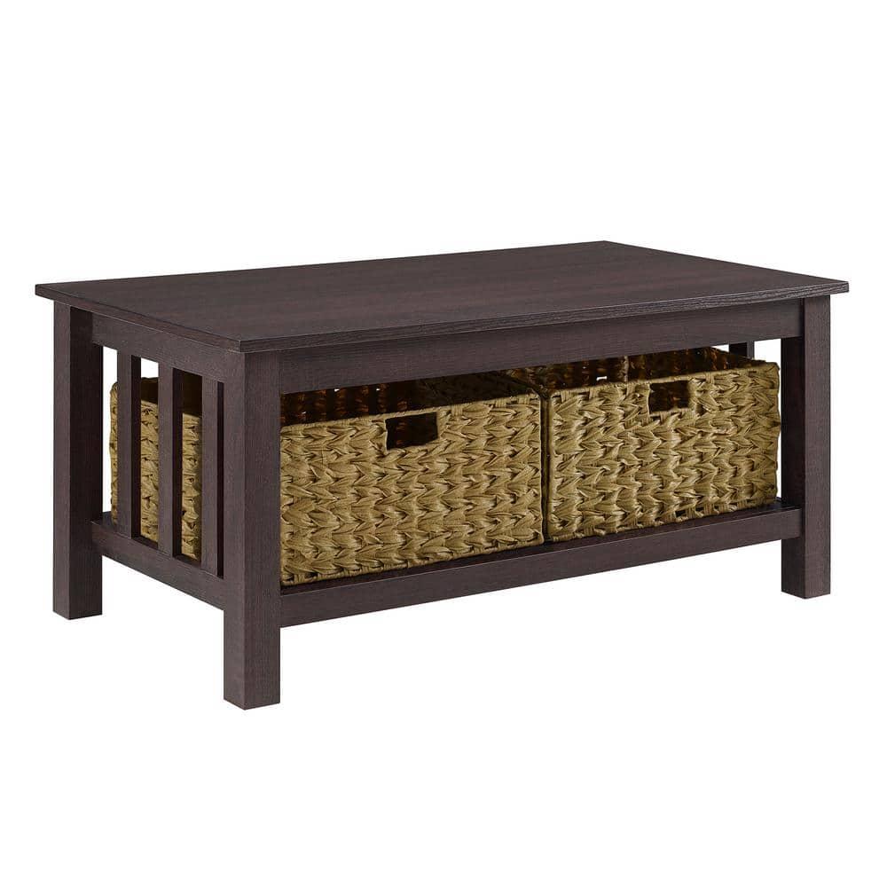Walker Edison Traditional Storage Coffee Table with Bins, Espresso