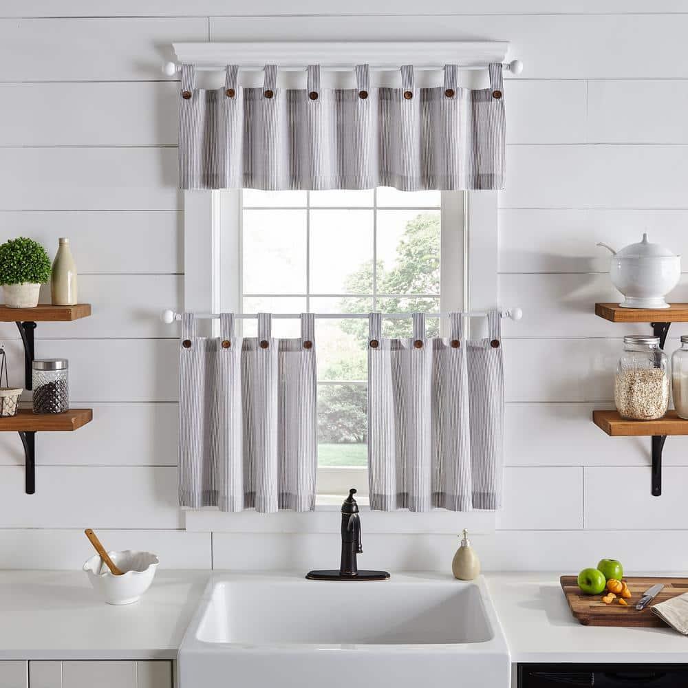 Tucker Ticking Stripe Button Tab Top Window Kitchen Tier Set of 2 - 30" x 24" - Gray - Elrene Home Fashions