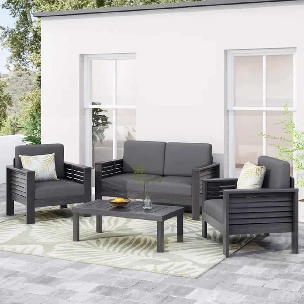 Christopher Knight Home Rabun Outdoor Acacia Wood 4 Seater Chat Set with Cushions, Dark Gray
