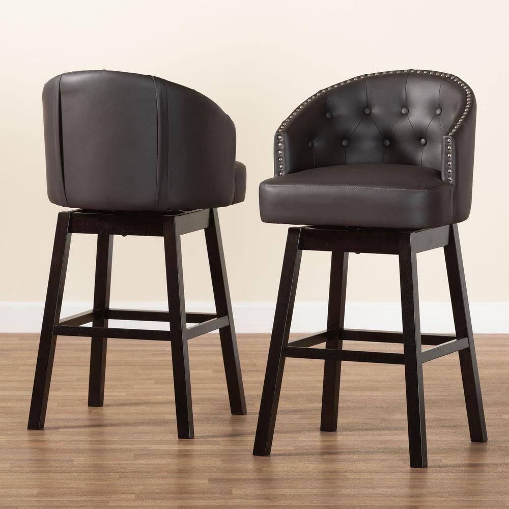 Baxton Studio Avril Modern and Contemporary Brown Faux Leather Tufted Swivel Barstool with Nail heads Trim (Set of 2)