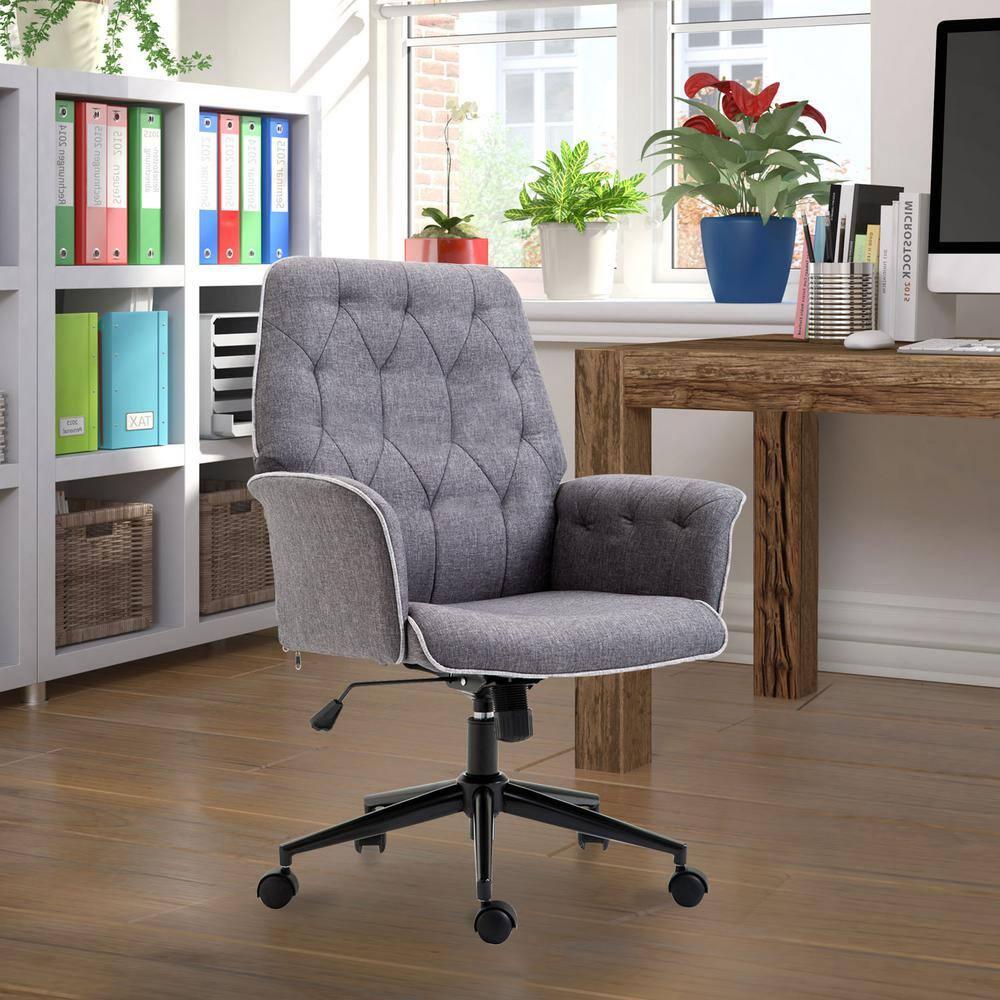 Vinsetto Modern Mid-Back Tufted Linen Home Office Desk Chair with Arms, Swivel Adjustable Task Chair, Upholstery Accent Chair with Soft Seat, Gray