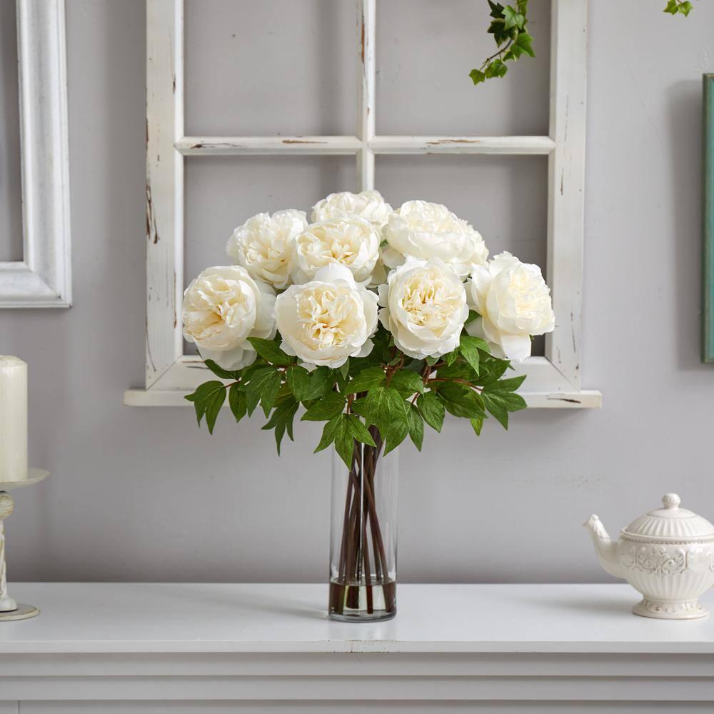 Nearly Natural Peony Artificial Flower Arrangement with Fluted Vase, White