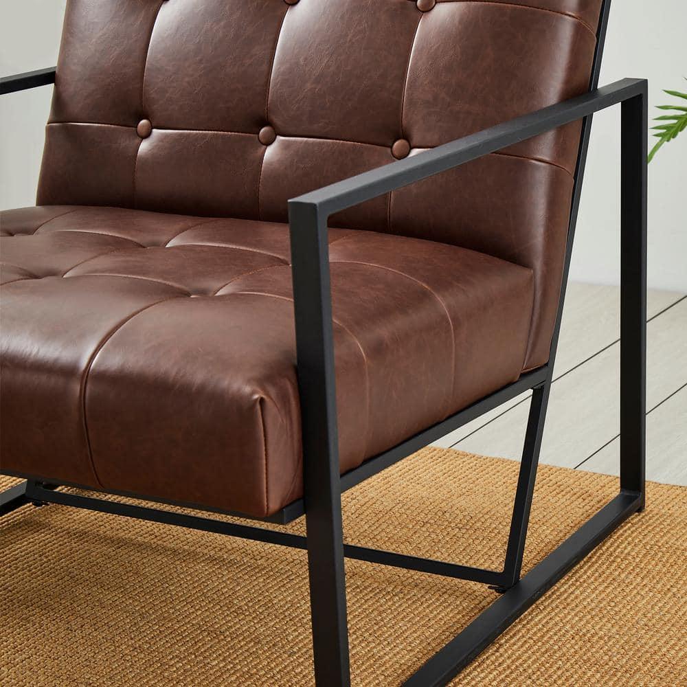 Modern Distressed Brown Faux Leather Button-Tufted Accent Chair