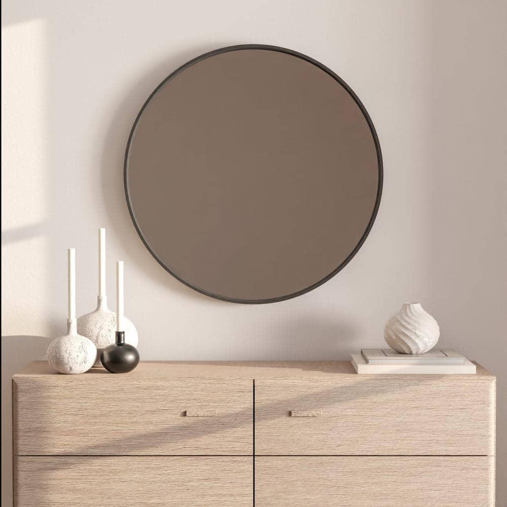 WallBeyond Classic Wooden Frame Farmhouse Round Wall Mirror Satin Black 24 inches Black