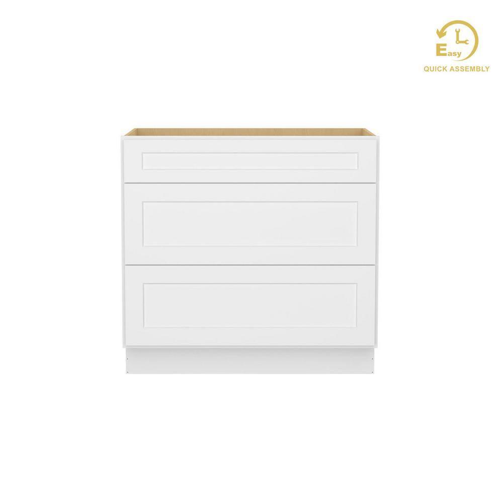 HOMLUX Easy-DIY 36 in W x 24 in D x 34.5 in H in Shaker White Ready to Assemble Drawer Base Kitchen Cabinet With 3-Drawers