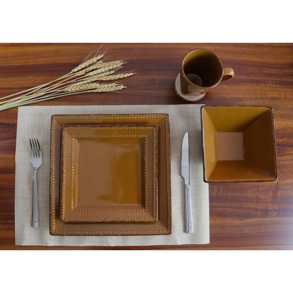 Lorren Home Trends 16 Piece Square Beaded Stoneware Dinnerware set, service for 4, Mocca