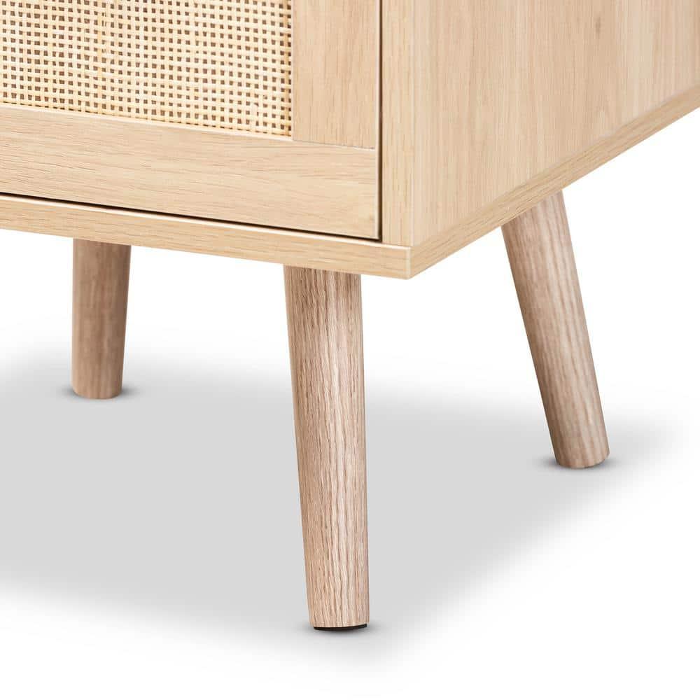 Baird Wood and Rattan 2 Drawer Nightstand Brown - Baxton Studio: Bohemian Style, Gold Tone Handles