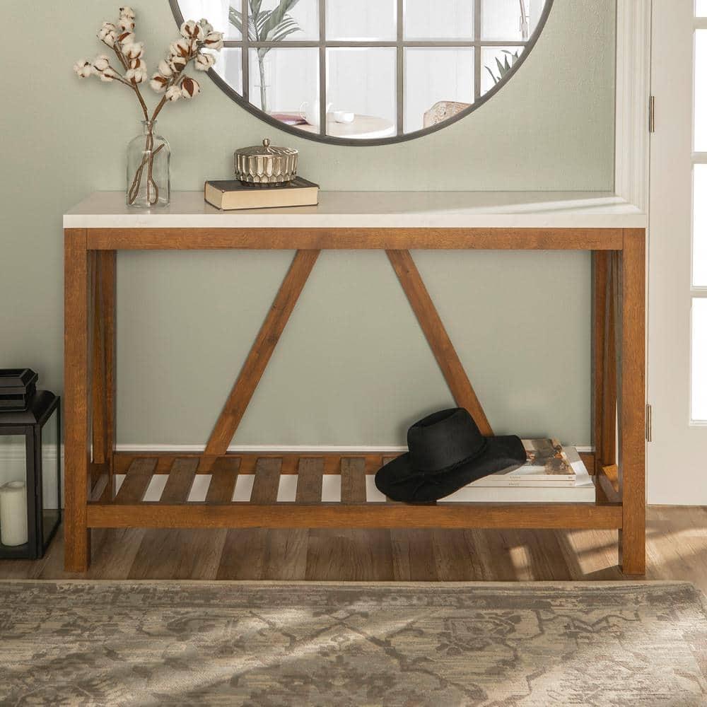 Walker Edison Modern Farmhouse Faux Marble and Walnut Entryway Table, Faux White Marble/Walnut