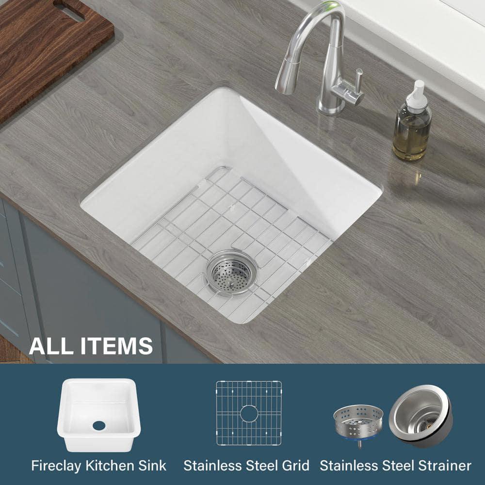 18" L x 18" W Single Bowl Fireclay Kitchen Sinks White with Bottom Grids and Basket Strainer