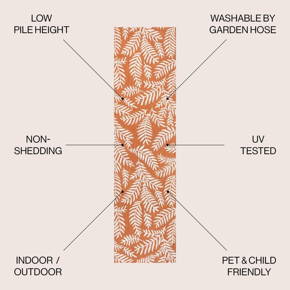 2' x 10' Nevis Palm Frond Indoor/Outdoor Runner Rug, Orange/Cream - JONATHAN Y
