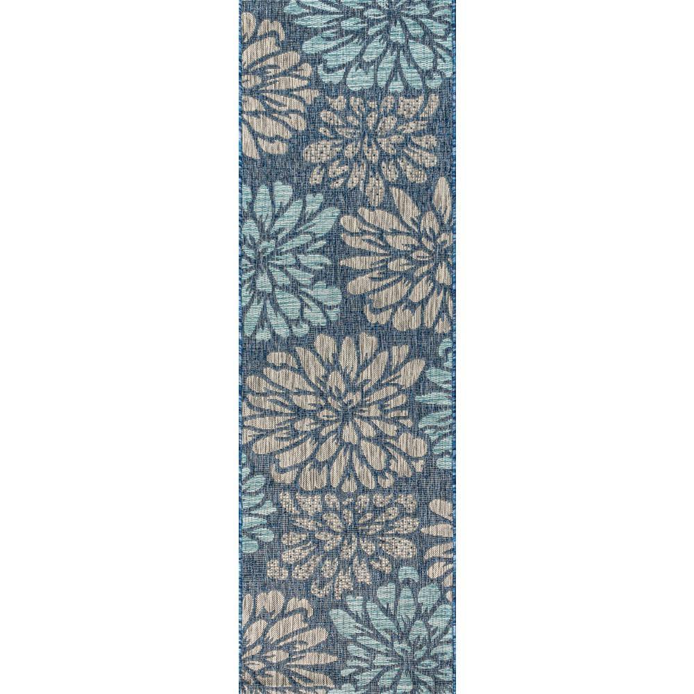 JONATHAN Y Zinnia Modern Floral Textured Weave Navy/Aqua 2 ft. x 20 ft. Indoor/Outdoor Runner Rug