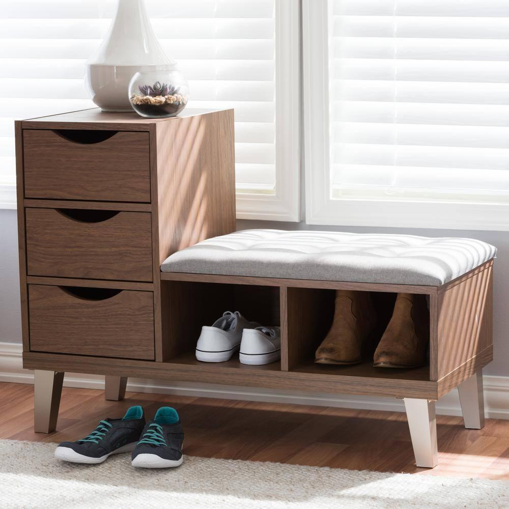 Arielle Modern and Contemporary Walnut Wood 3 Drawer Shoe Storage Light Gray, Brown - Baxton Studio