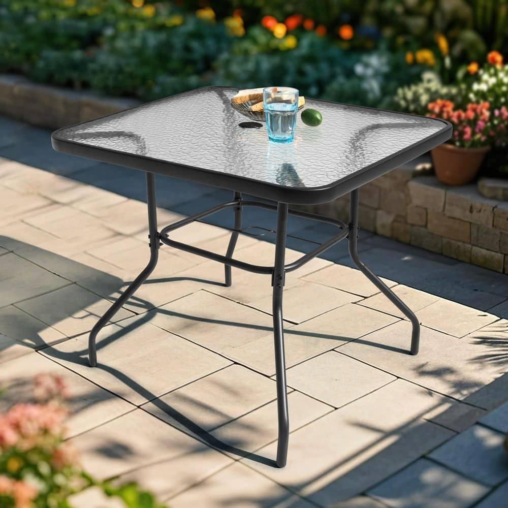 Square Outdoor Table, Patio Table with Umbrella Hole, Patio Dining Table with Tempered Glass, Outdoor Dining Tables, Square Patio Table for Balcony, Backyard, Poolside, Sunroom, Patio Tables, Black
