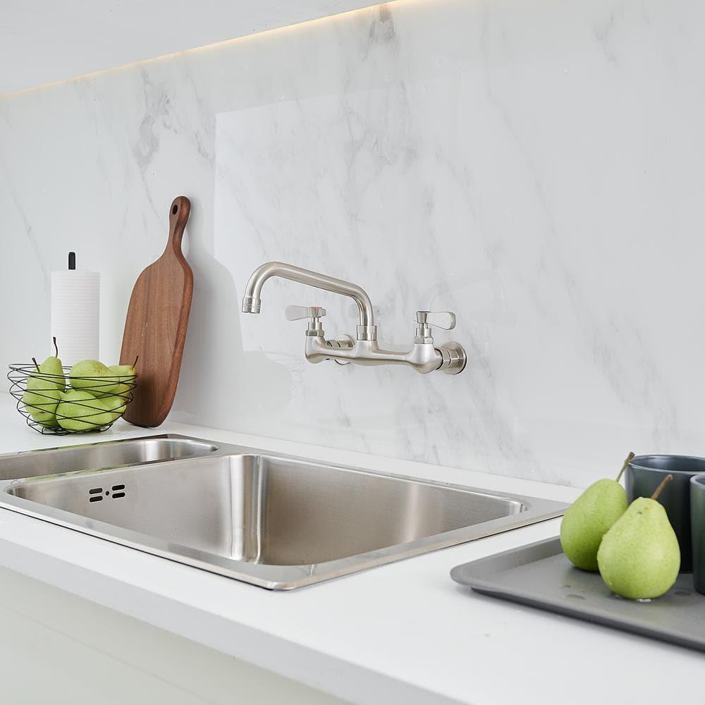 BWE Double Handles Wall Mount Modern Standard Kitchen Faucet With 8 Inch Swivel Spout 8" Center