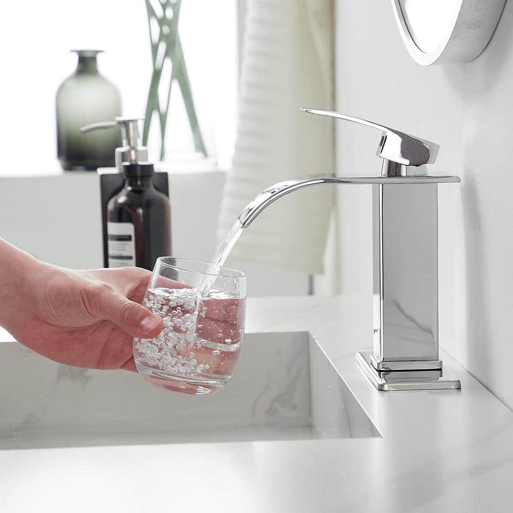 Midanya Waterfall Spout Bathroom Faucet Single Handle 1 Hole Bathroom Sink Faucet,Modern RV Lavatory Vanity Basin Tap with Water Hose,Short Body,Polish Chrome