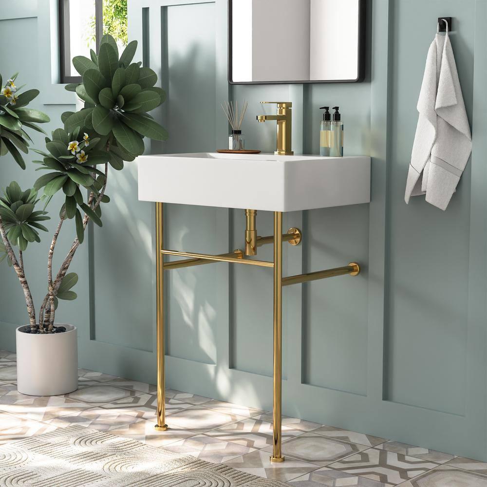 Ceramic White Rectangular Single Faucet Hole 24 in Console Bathroom Sink with Overflow