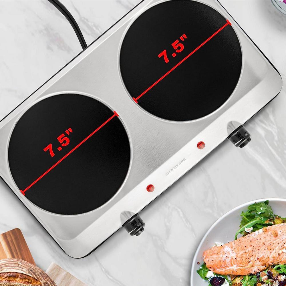 Portable Infrared Double Burner with 1500W Electric Hot Plate, 7.5" Ceramic Glass Cooktop, 6 Level Temperature Control, Easy To Clean Base - Silver BGI202S