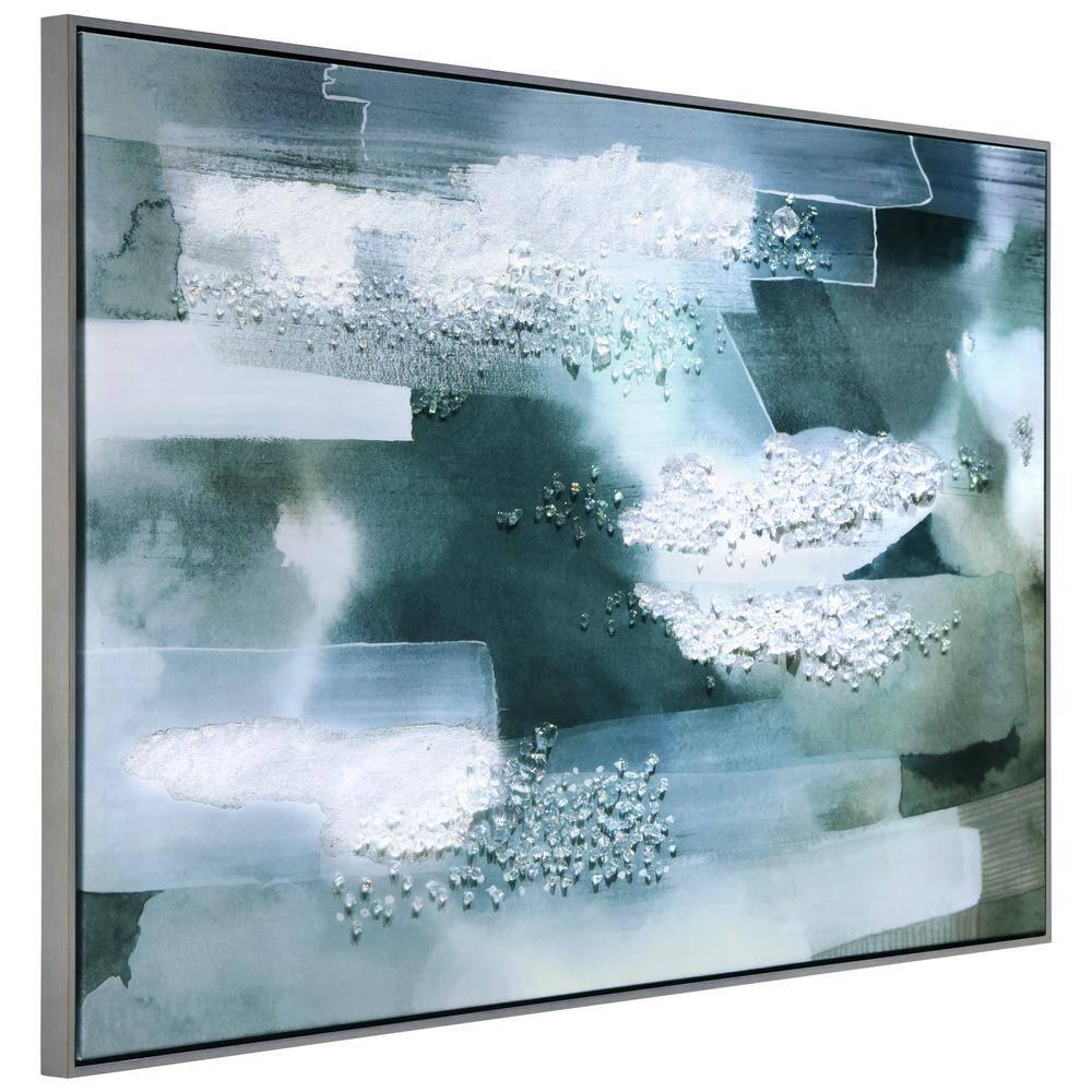 "Silver Mist I" Crystallus Epoxy Coated Wrapped Framed Glossy Canvas Wall Art with Heavy Acrylic Crystal Shards Embellishments