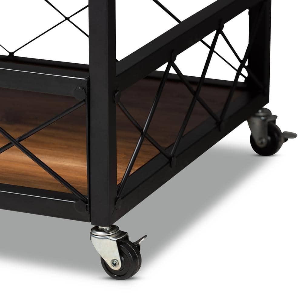 Livi Homes Paloma Mobile Metal Bar Cart with Stemware Rack in Vintage Rustic Industrial Oak Brown and Black