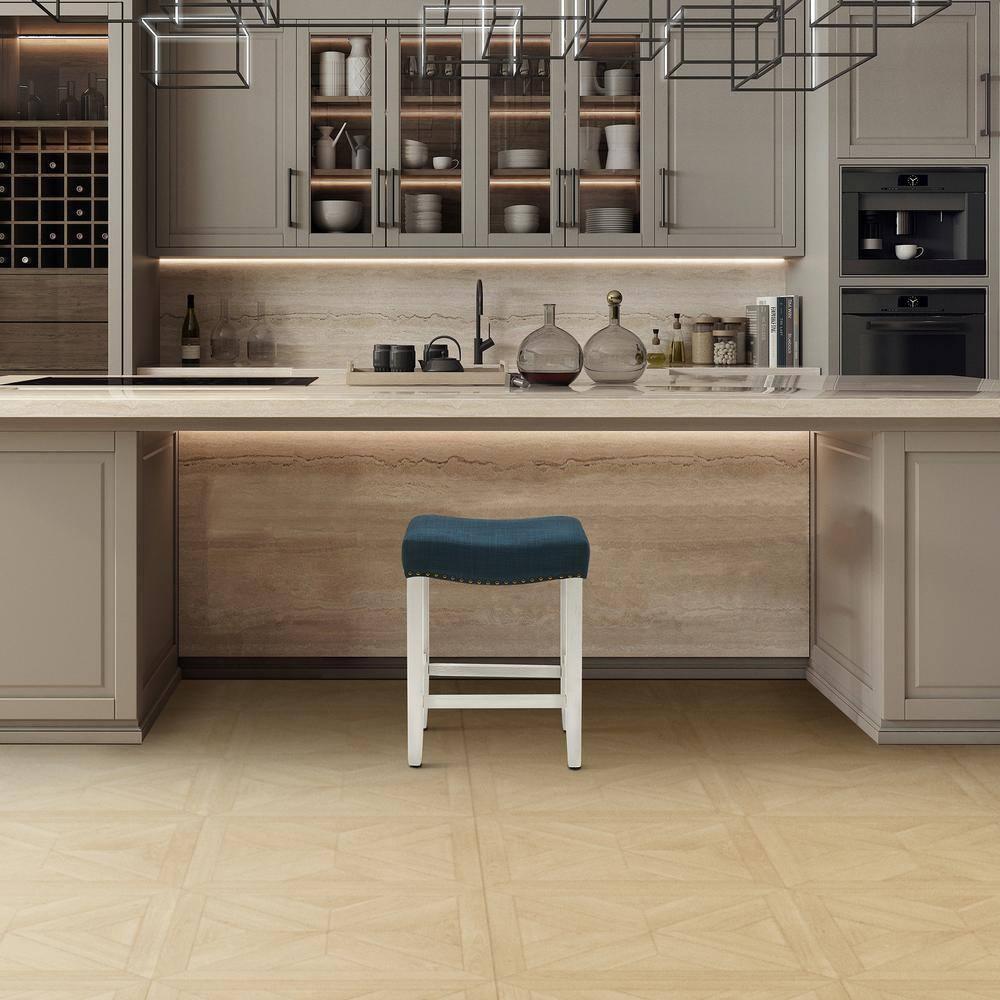 Polytrends Jameson Upholstered Polyester Antique White 24 Inch Counter Stool Antique White/Navy Blue Wood Wood Footrest Foam Modern & Contemporary