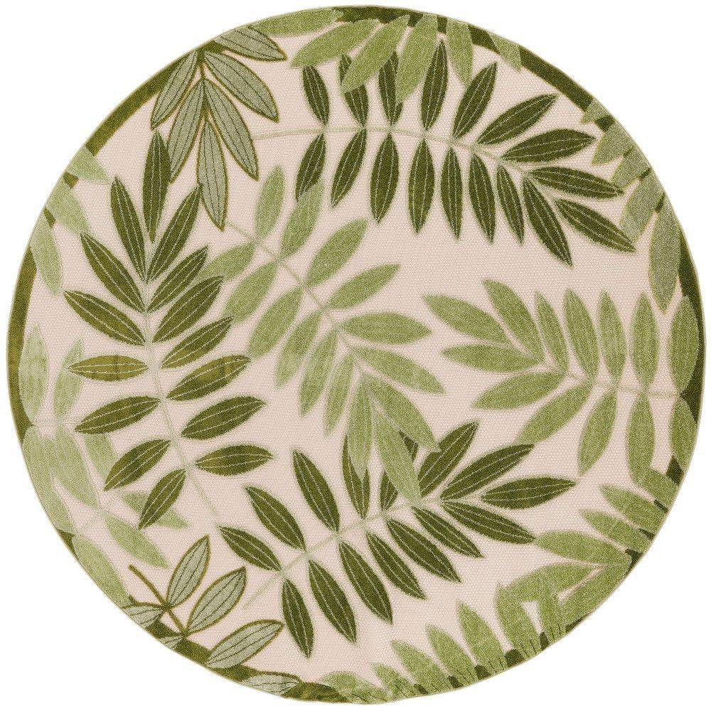 Nourison Aloha Floral Leaf Flatweave High-Low Indoor Outdoor Round Rug Ivory Green 5'3" x 5'3"