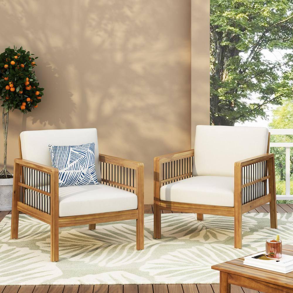 Noble House Bennion with Cushion Acacia Wood Outdoor Lounge Chair - Set of 2, Beige and Teak
