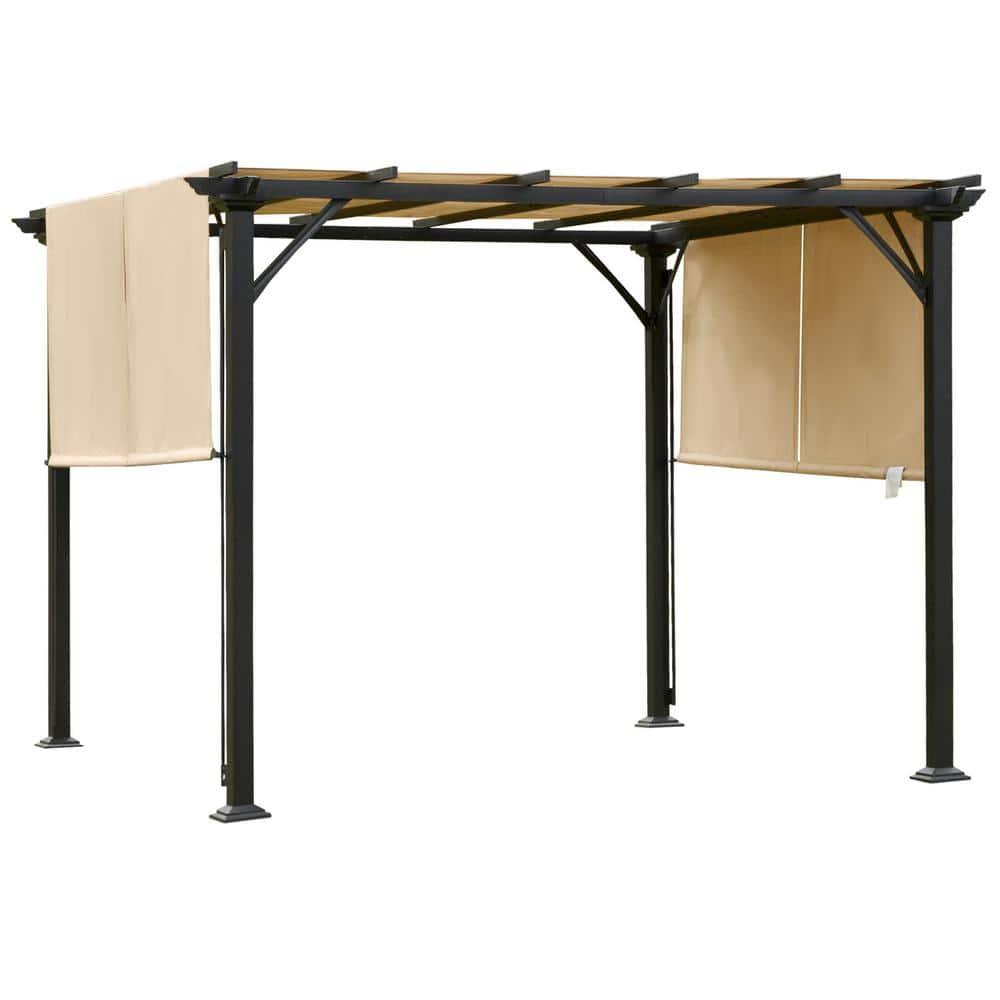 Outsunny 10' x 10' Outdoor Retractable Pergola Canopy with Sun Shade Unique Design Canopy Patio Metal Shelter for Garden Porch Beach, Beige