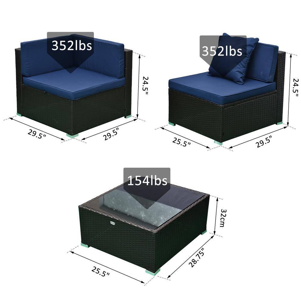 Outsunny 7 Piece Outdoor Patio Furniture Set, PE Rattan Wicker Sectional Sofa Set with Couch Cushions, Pillows, Coffee Table, Blue