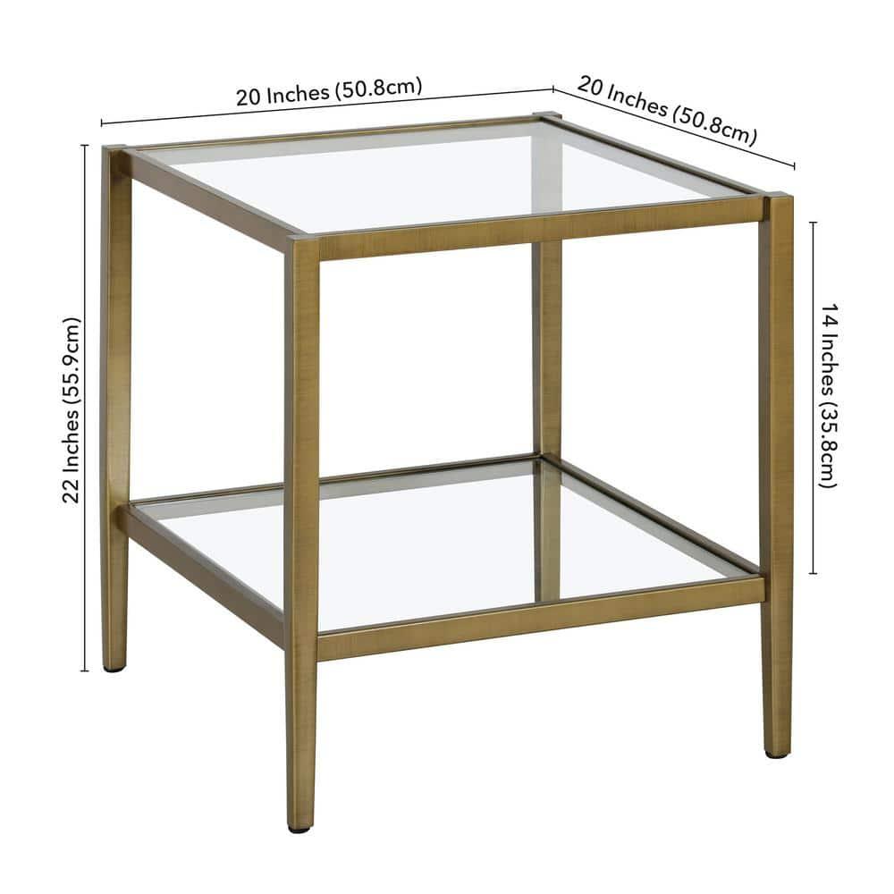 Evelyn&Zoe Hera 20" Wide Square Side Table with Glass Shelf, Antique Brass