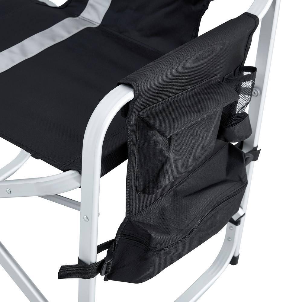 2-piece Padded Folding Outdoor Chair with Side Table and Storage Pockets,Lightweight Oversized Directors Chair for indoor, Outdoor Camping, Picnics and Fishing,Black/Grey