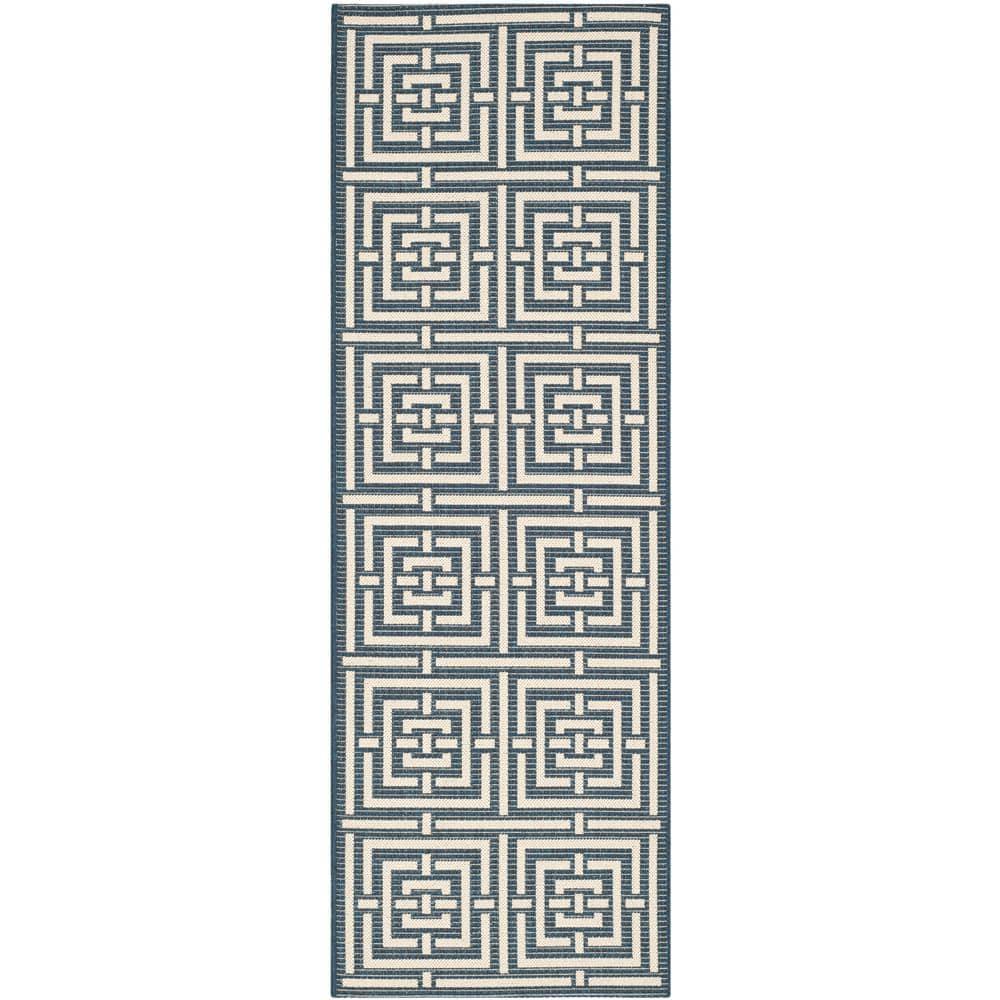 SAFAVIEH Courtyard Ariana Geometric Indoor/Outdoor Runner Rug, Navy/Beige, 2'3" x 10'