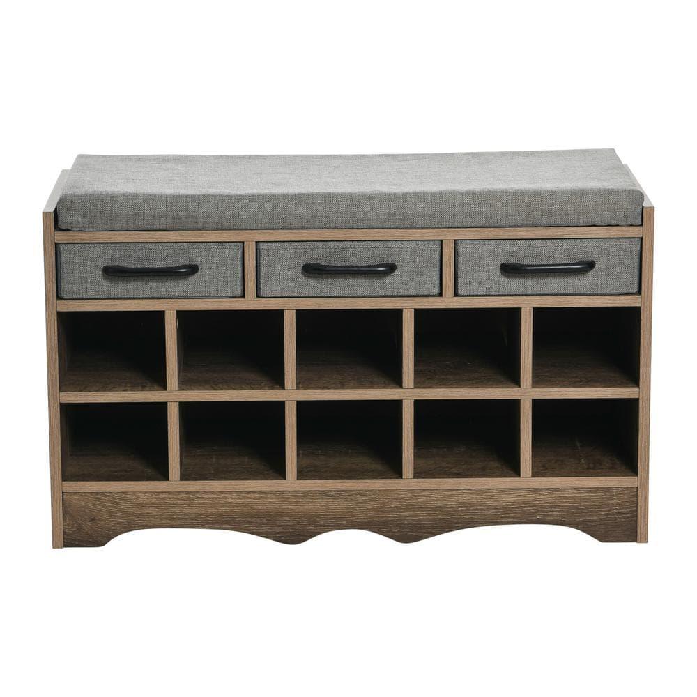 Household Essentials Entryway Storage Bench with 3 Grey Drawers 10 Shoe Compartments and Cushioned Seat in Ashwood Rustic Wood Grain
