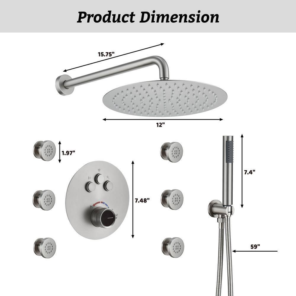 Wall Mounted Thermostatic Complete Rainfall Shower System with 6 Body Jets and Rough-in Valve