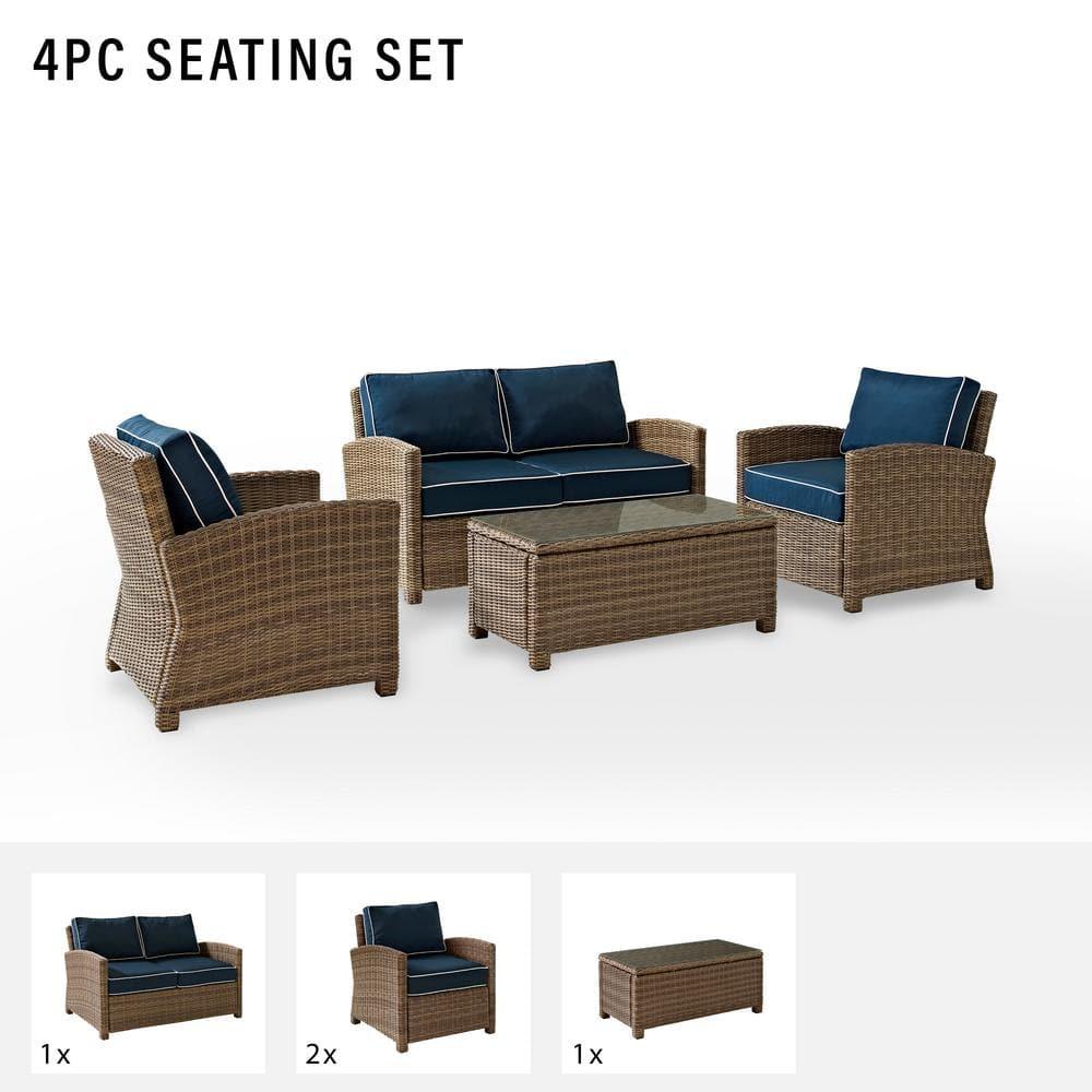 Bradenton 4pc Outdoor Wicker Conversation Set - Navy - Crosley: Steel Frame, UV-Resistant, with Polyester Foam Cushions