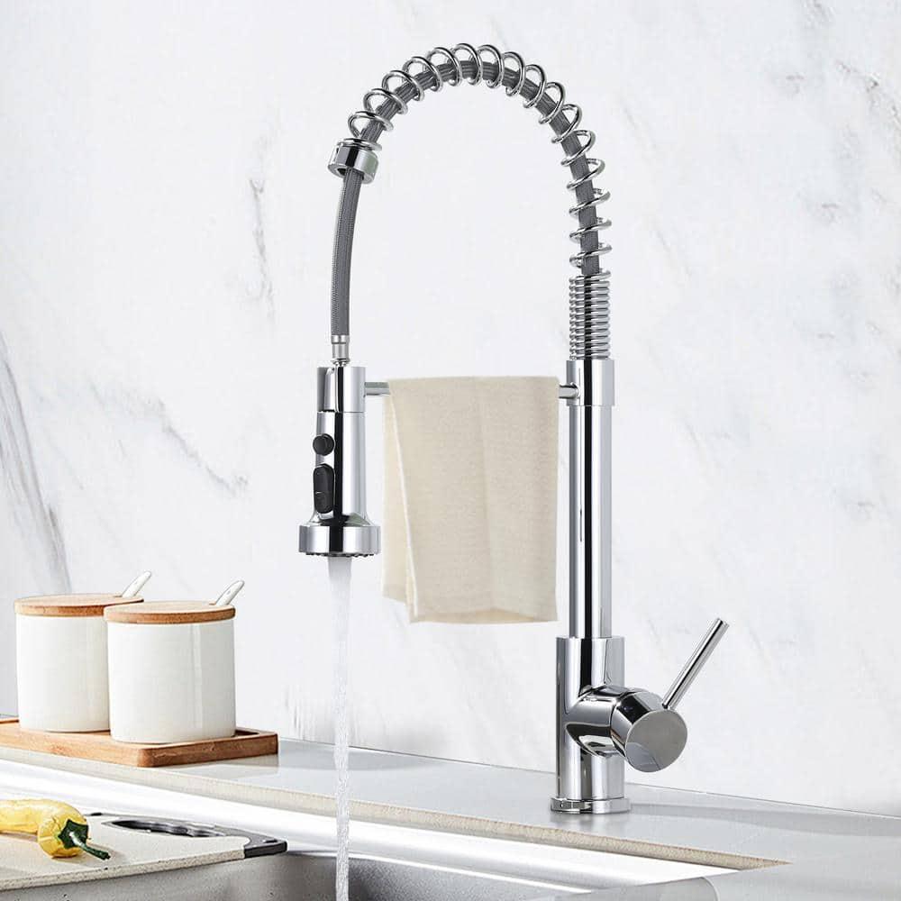 VOTON Chrome Kitchen Faucets with Pull Out Sprayer Commercial Spring Sink Faucet Stainless Steel Pull Down Single Handle Farmhouse faucets with Deck Plate for Camper Laundry Utility Rv Wet Bar