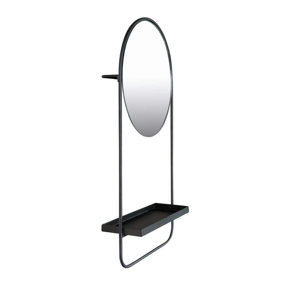Storied Home Round Floating Metal Framed Wall Mirror with Shelf, Black