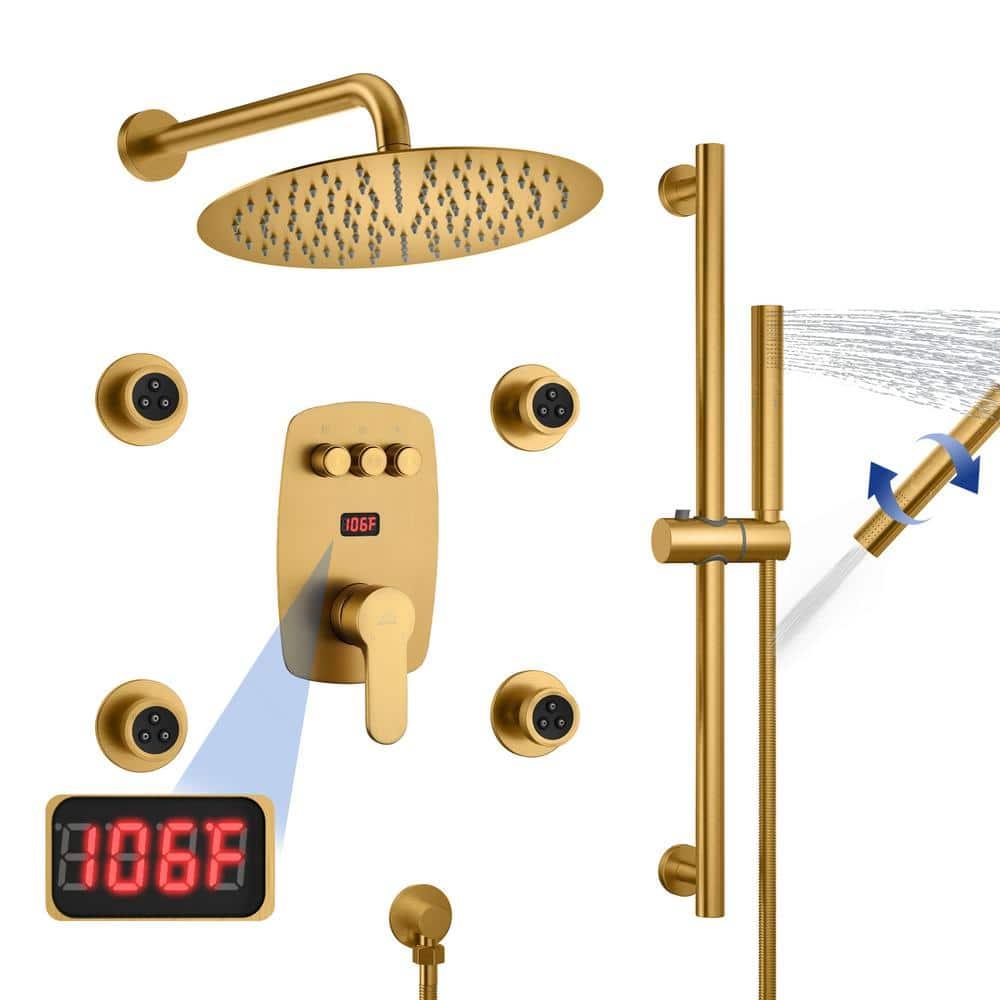 3-Function 12 Inch Temperature Digital Display Shower System With 2-Setting Slider Bar Handheld And 4Pcs Body Jets