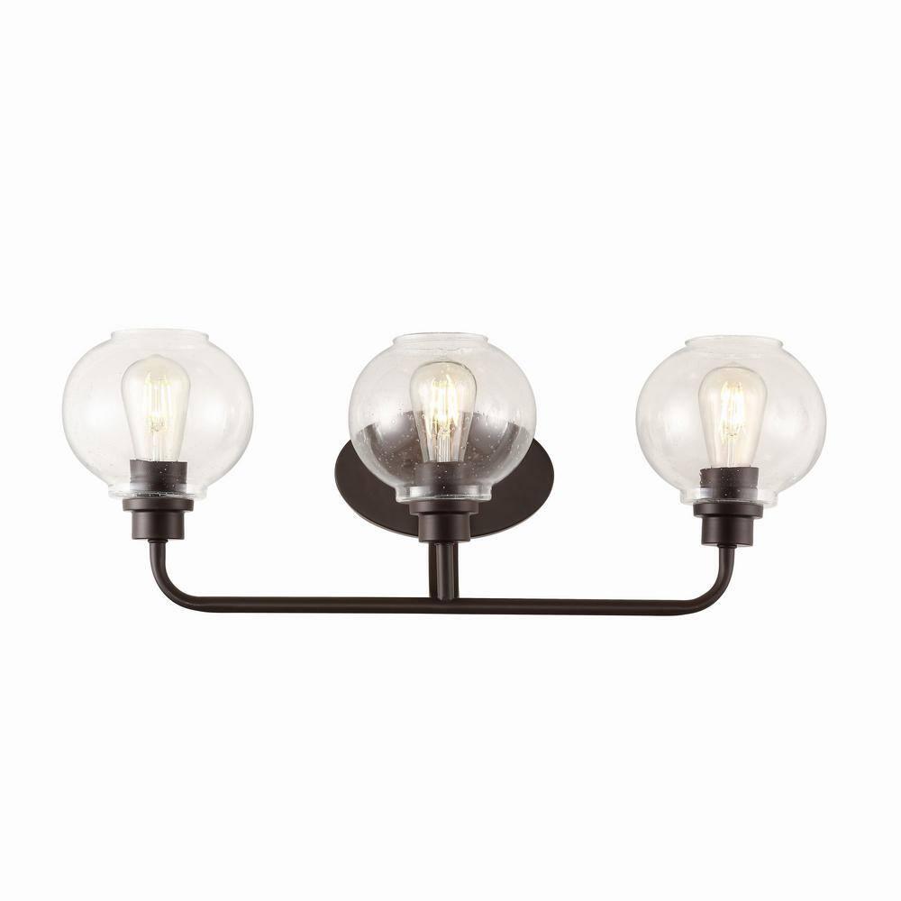JONATHAN Y Sandrine 26.25" 3-Light Iron/Seeded Glass Cottage Rustic LED Vanity Light, Oil Rubbed Bronze