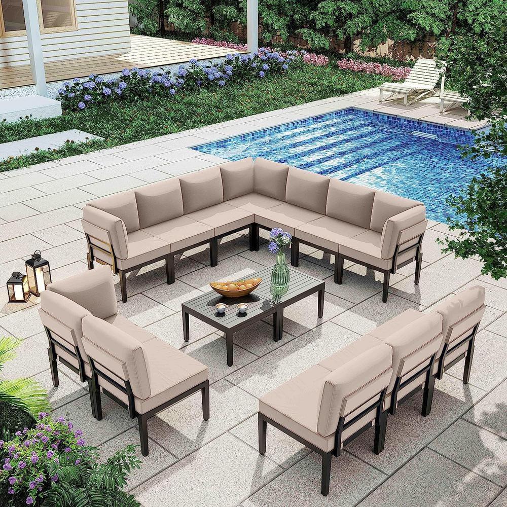 Kullavik Aluminum Patio Furniture Set,14 Pieces Modern Outdoor Conversation Set, Outdoor Metal Sectional Sofa with Thick Cushion and Coffee Table,Sand