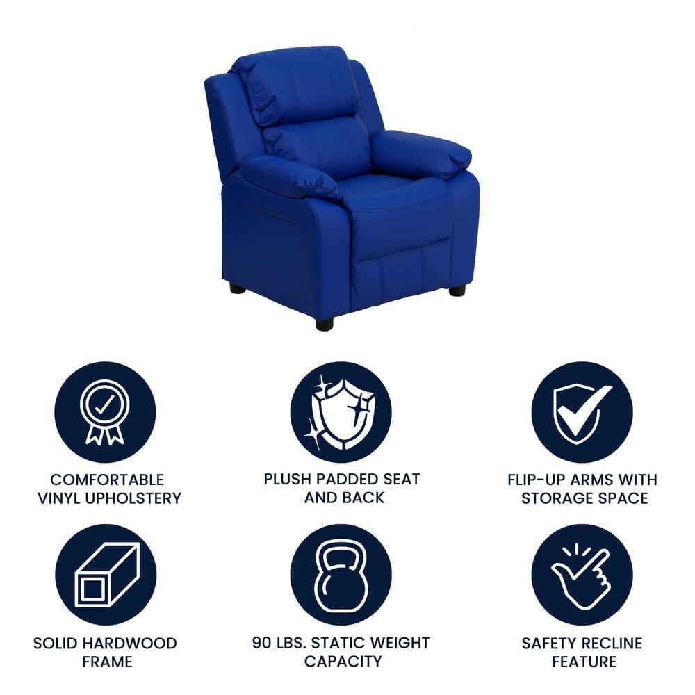 Flash Furniture Charlie Deluxe Padded Contemporary Blue Vinyl Kids Recliner with Storage Arms