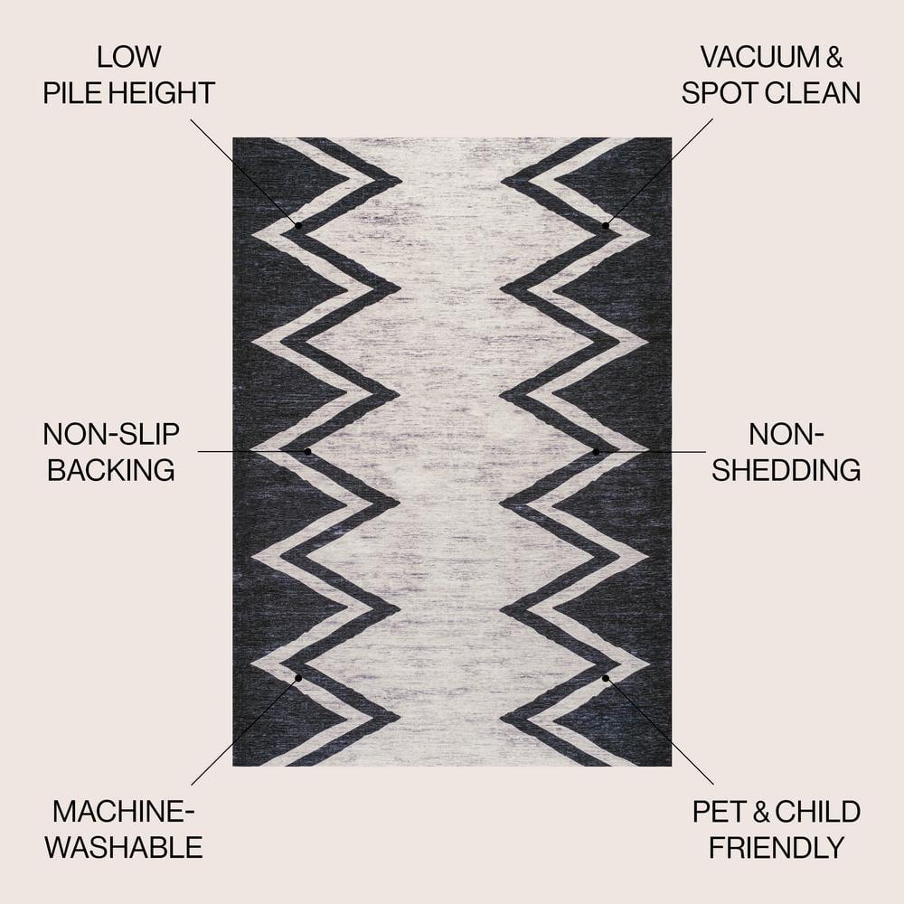4' x 6' Siksak Modern Chevron Border Machine-Washable Area Rug, Ivory/Black - JONATHAN Y