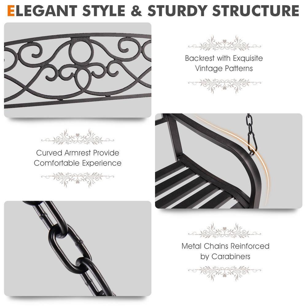 Resenkos Porch Swing, 2-Person Outdoor Porch Metal Hanging Swing Chair with Sturdy Chains-Brown, Hanging Outdoor Porch Swings for Garden, Backyard