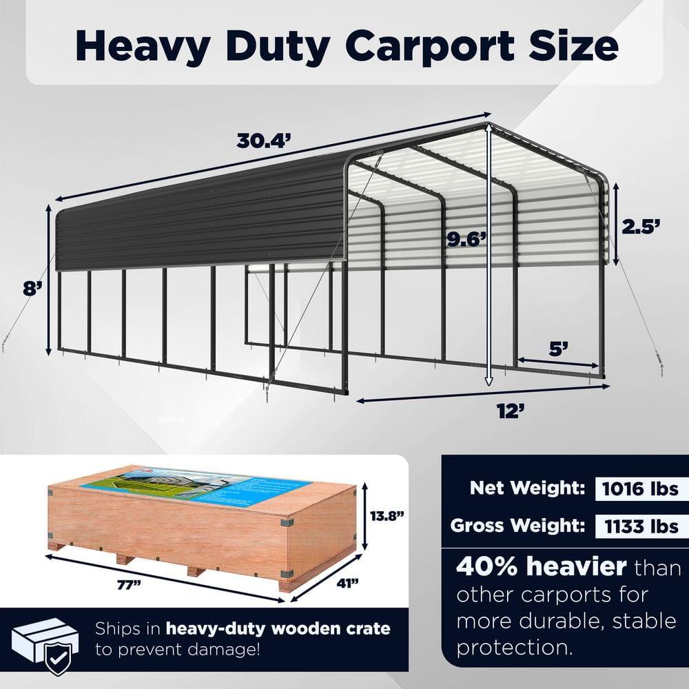 ALEKO 30L x 12W x 9.6H ft. Metal Carport with Corrugated Roof - Black