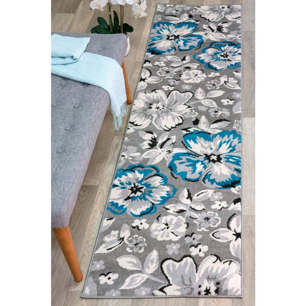 World Rug Gallery Modern Floral Design Blue 2' x 10' Runner Rug