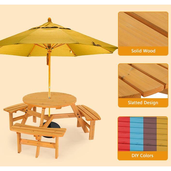 Best Choice Products 6-Person Circular Outdoor Wooden Picnic Table w/ 3 Built-In Benches, 500lb Capacity - Natural