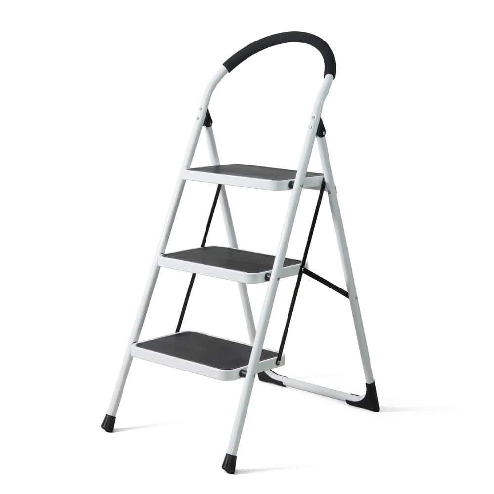 CAPHAUS 3-Step Ladder, Portable Folding Step Stool with Extra Wide Anti-Slip Pedal, Heavy Duty Foldable Small Step Ladder with Hand Grip, ANSI A14.11 Certified Sturdy Step Stool, White