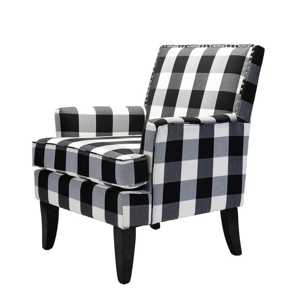 Upholstery Armchair Accent Chair Sofa Couch Wood Legs Nailhead Trim Home Living Room Bedroom Plaid White Black