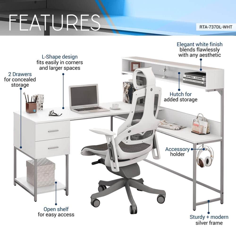 L Shape Desk with Hutch and Storage White - Techni Mobili: Industrial Style, Engineered Wood, Steel Frame, Ample Workspace
