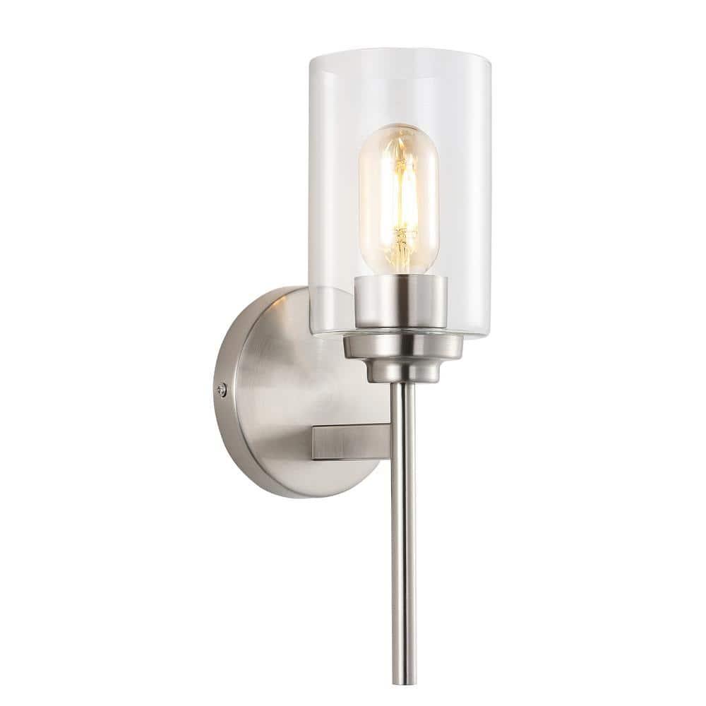 Juno 13 in. 1-Light Nickel Farmhouse Industrial Iron Cylinder LED Wall Sconce Vanity Light